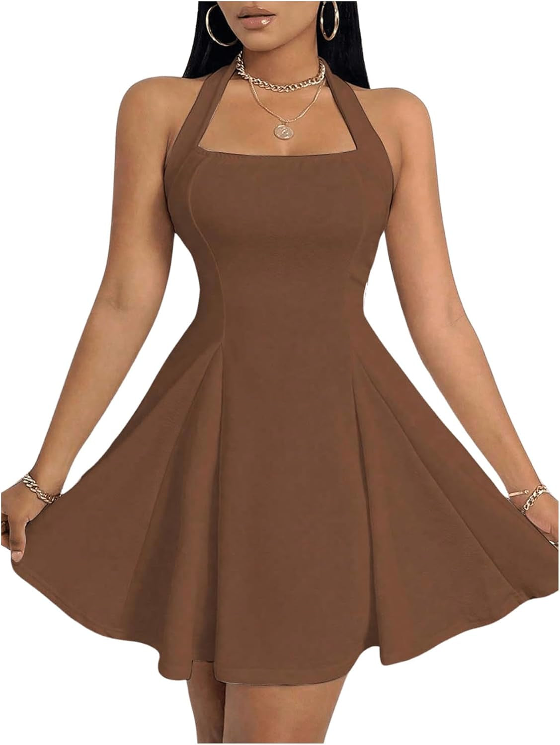 GORGLITTER Women's Halter A Line Mini Dress Sleeveless High Waist Swing Party Cocktail Dresses