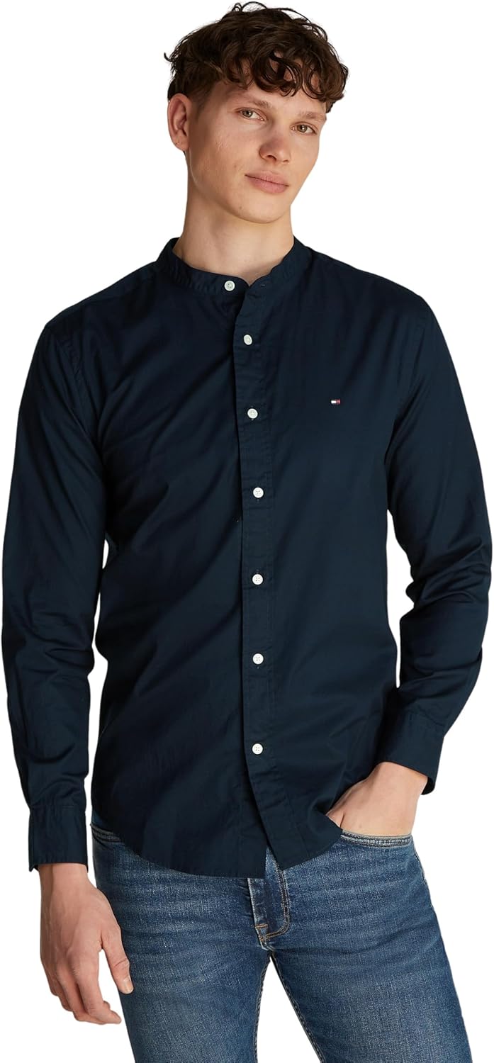 Tommy Hilfiger Men’s Flex Poplin Solid Collarless Regular Fit Shirt 