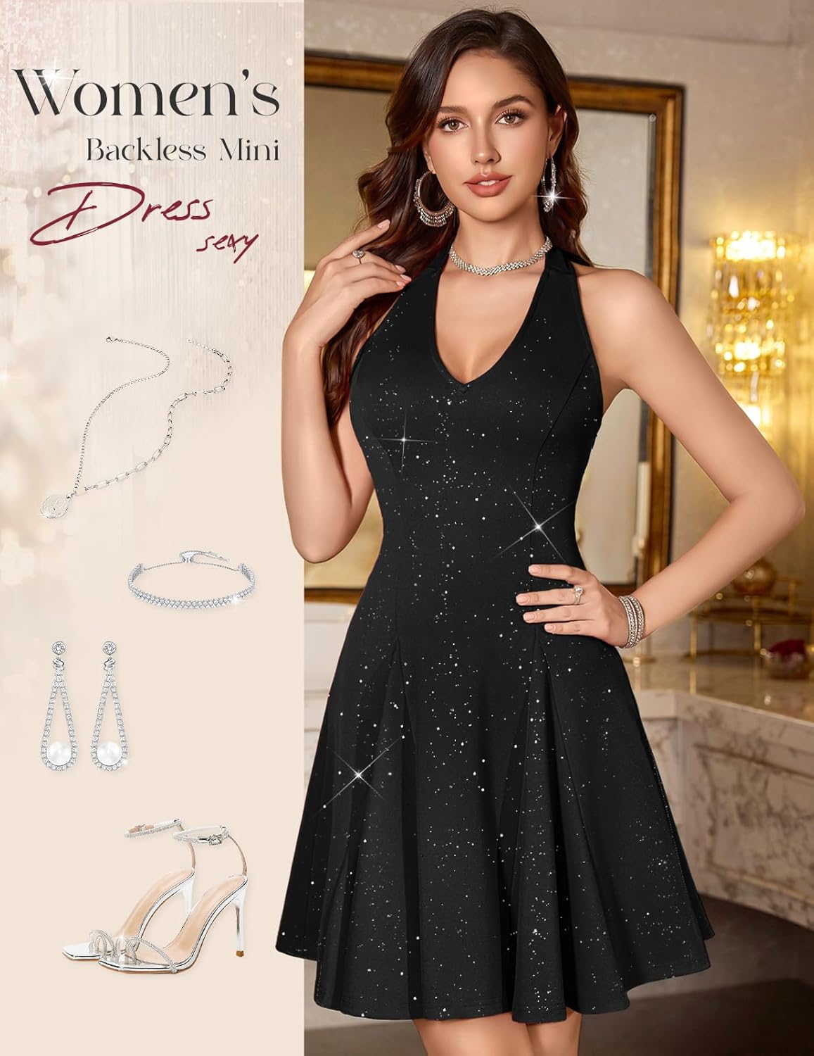 HomRain Glitter Sequin Sparkle Dress for Women Elegant Homecoming Mini Sexy Club Halter Neck Black Cocktail Dresses for Fall Black L 