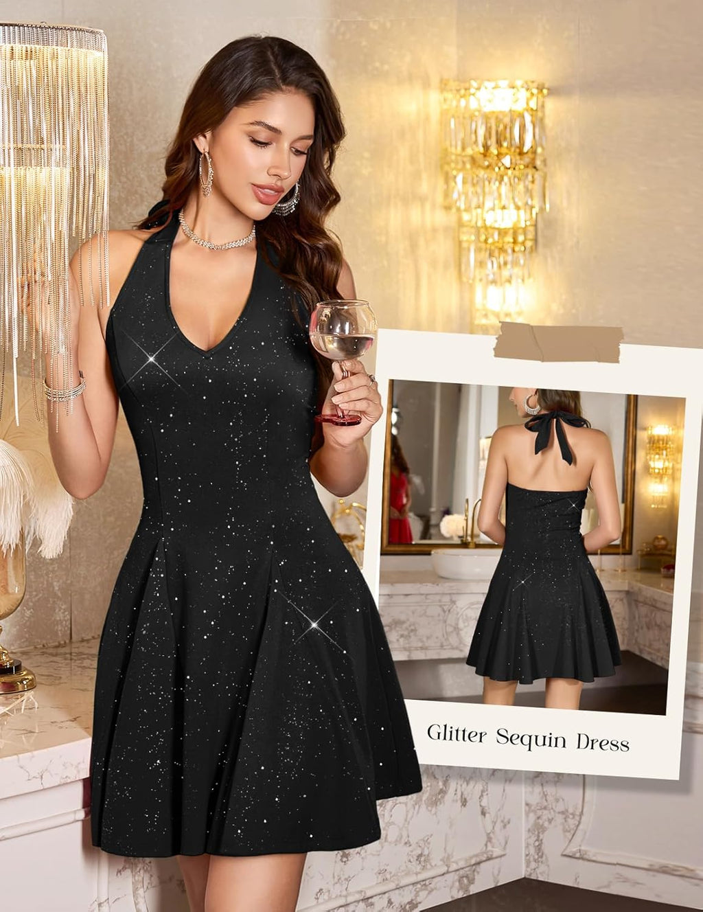 HomRain Glitter Sequin Sparkle Dress for Women Elegant Homecoming Mini Sexy Club Halter Neck Black Cocktail Dresses for Fall Black L 