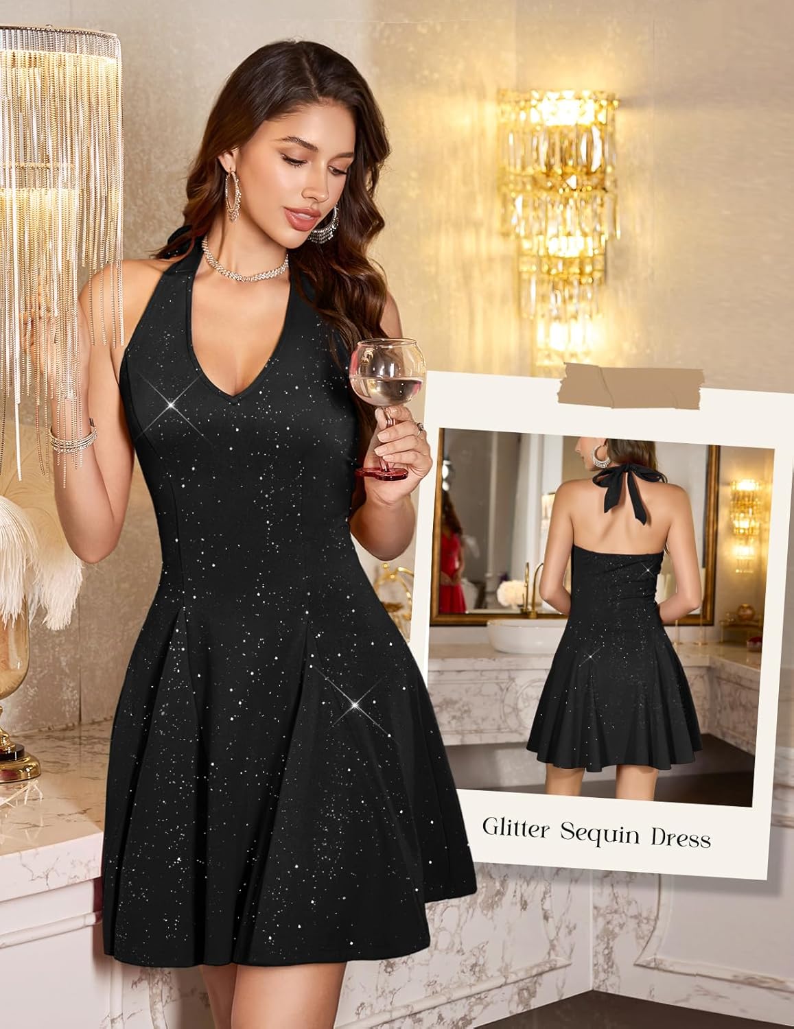 HomRain Glitter Sequin Sparkle Dress for Women Elegant Homecoming Mini Sexy Club Halter Neck Black Cocktail Dresses for Fall Black L 
