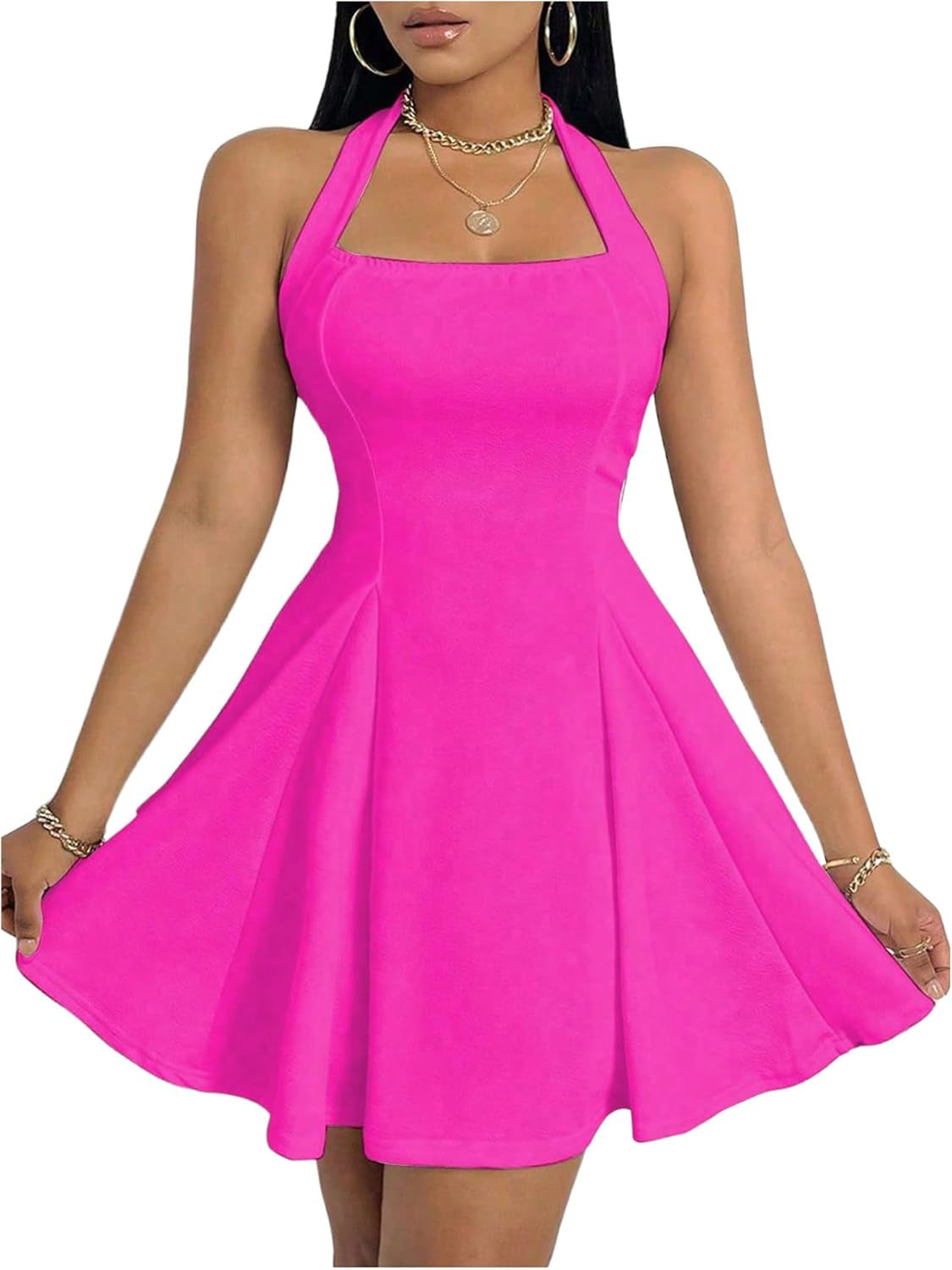 GORGLITTER Women's Halter A Line Mini Dress Sleeveless High Waist Swing Party Cocktail Dresses