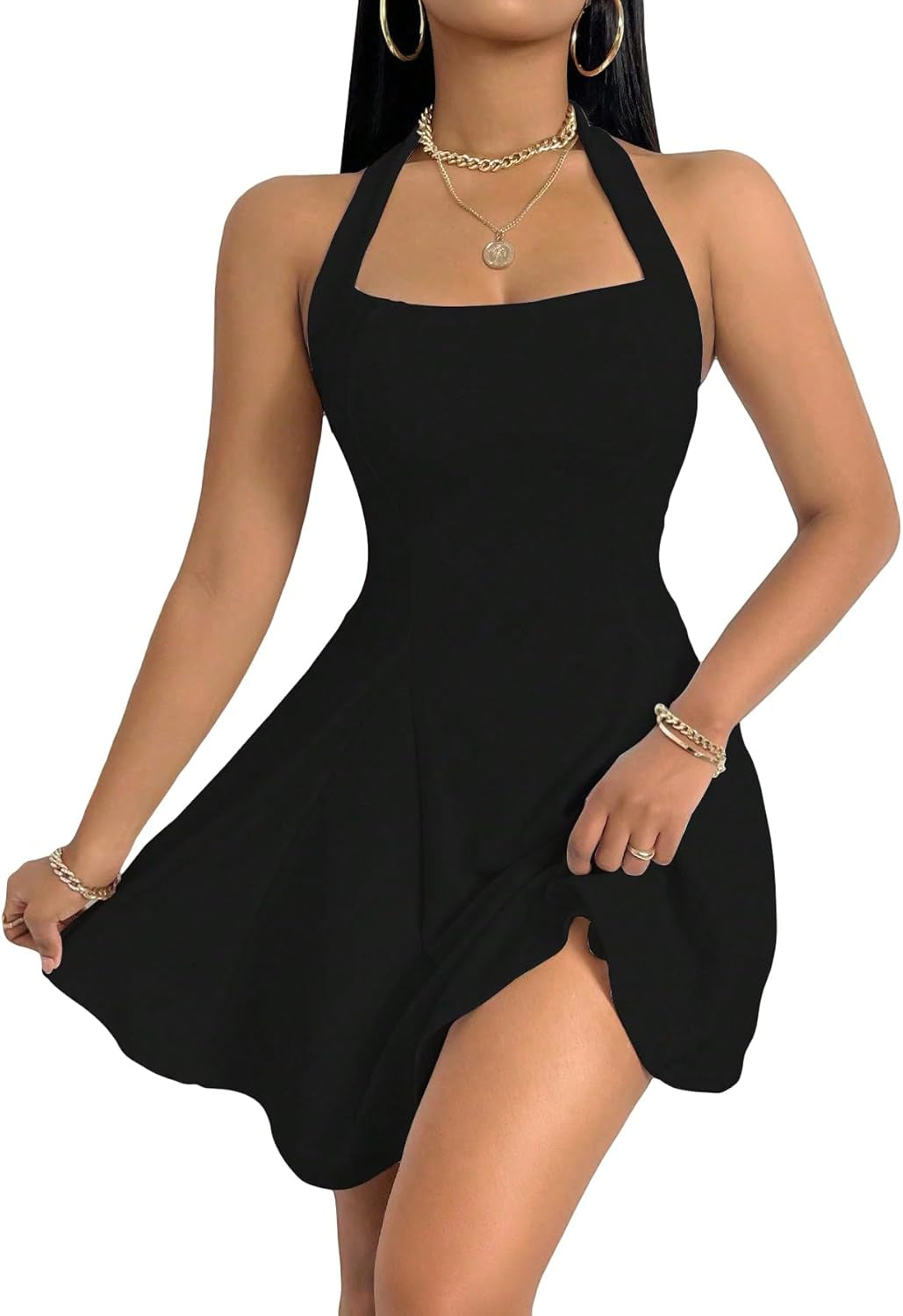 GORGLITTER Women's Halter A Line Mini Dress Sleeveless High Waist Swing Party Cocktail Dresses